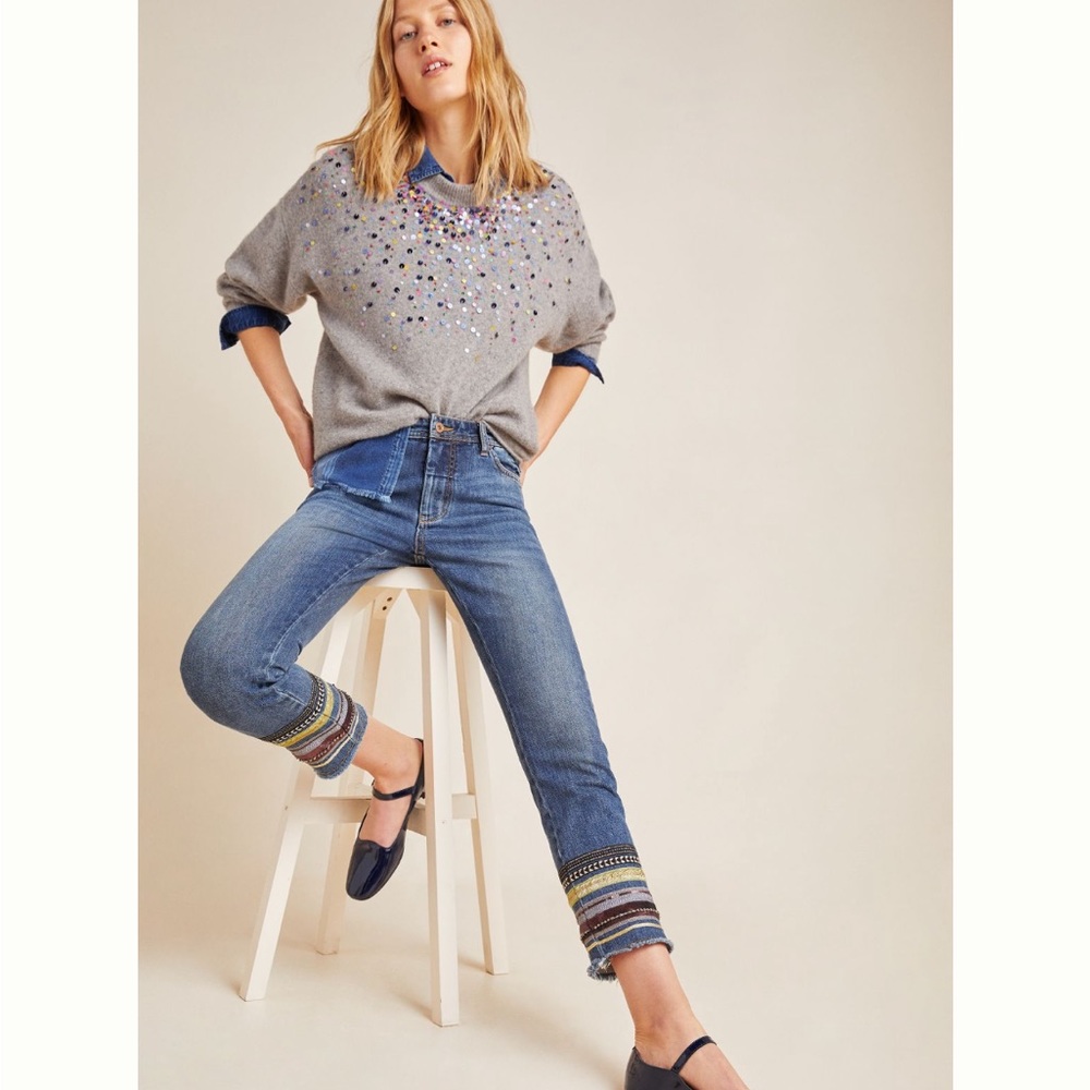 Anthropologie Pilcro High Rise Slim Straight Embroidered Jeans NWT 24P
